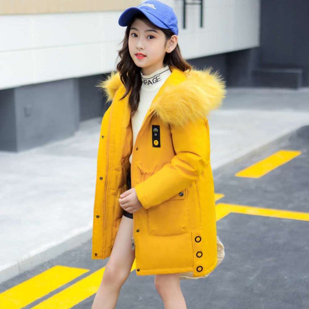 Fashion Girls Cotton Winter Thickening Plus Velvet Pike Clothing Mid-length Fur Collar Kids Winter Parkas