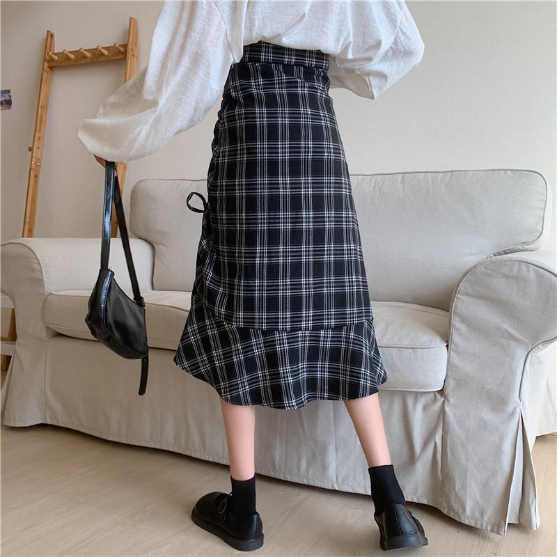 Folds Plaid Skirt Women High Waist A-line Mid-length Half Skirt Thin Daily Student School