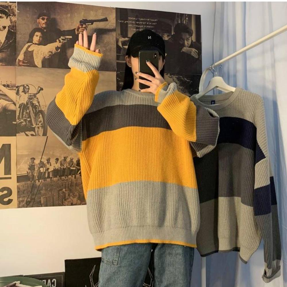 Pofulove Schoolgirl Loose Loose Lazy Wild Sweater Winter Coat Round Neck Color Matching Sweater