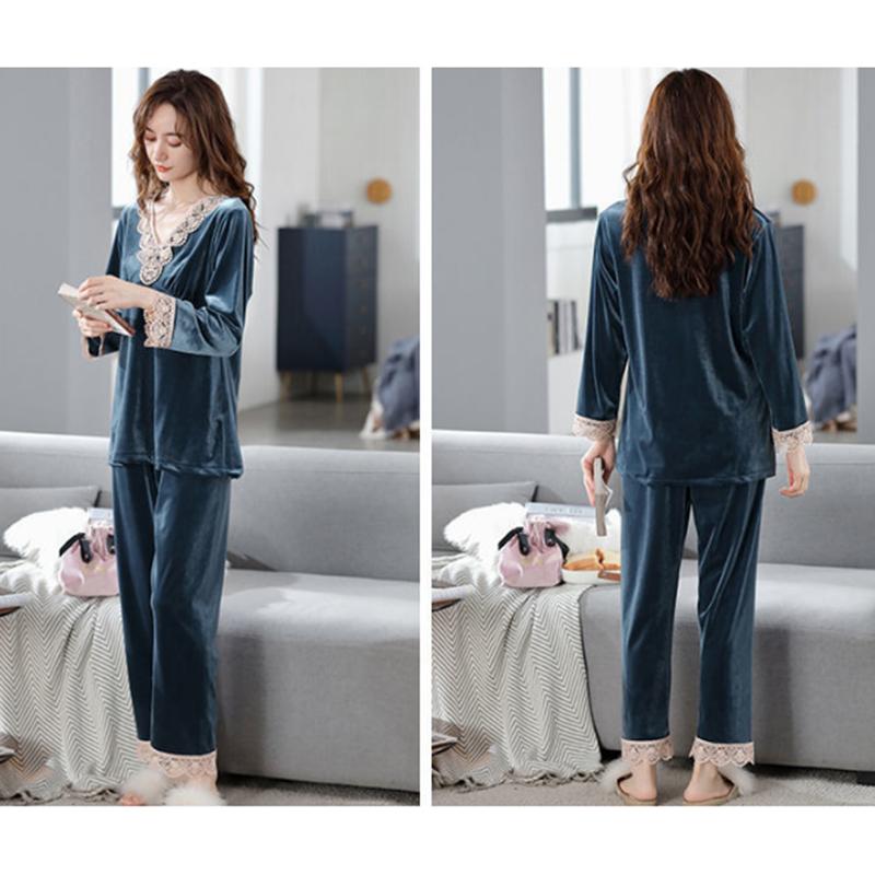 Women's Spring Autumn Long-sleeved Gold Velvet Pajamas Two-piece Set Sexy Lace V-neck Pyjamas Winter Thickened Warm Homewear Sleeping Robes Loungewear