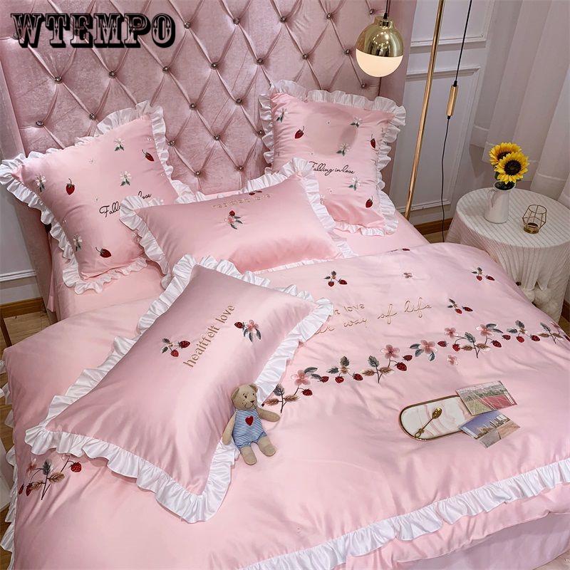 Cotton 4pcs Jacquard Silk Cotton Luxury Bedding Set King Size Queen Bedclothes Bed Skirt