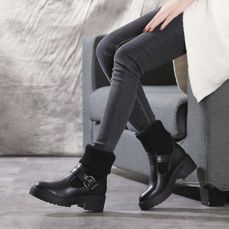 Female Socks Stitching Leather Martin Boots All-match Student Block Heel Ankle Boots British Style Snow Boots Black and White