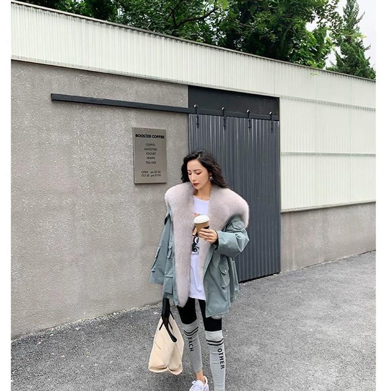 Parker Overcome Women's Detachable Imitation Fox Large Fur Collar Plush Liner Short Faux Fur Jacket Women's Warm Loose Large Size Cotton Jacket