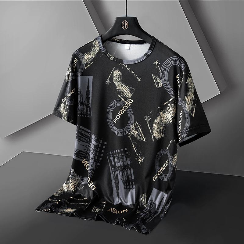 Summer Ice Silk T-shirts Oversized Geometric Graphic Print Tees Soft Breathable Cool Tops Men O-neck Short Sleeve Casual Shirts