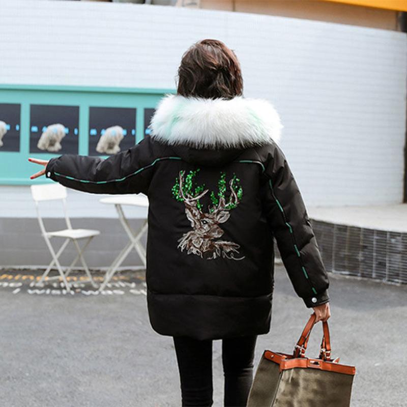 Women's Solid Color Embroidered Down Jacket Mid-length Korean Style Loose Thick Coat Warm Cotton Coat Large Fur Collar Winter Quilted Jacket