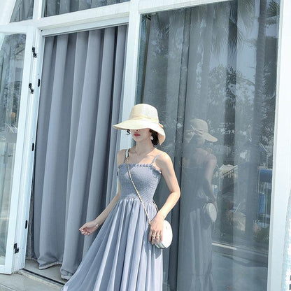 Women Sexy A-line Skirt Sling Dress Mid-length Chiffon Veil  Sleeveless Ruffled Folds Tube Top Party  Dress