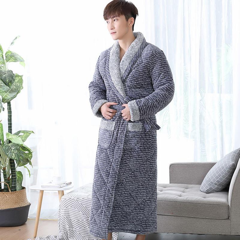 Winter Night Gown Thickened and Long Coral Fleece Quilted Flannel Winter Plus Velvet Bathrobe Pajamas Men