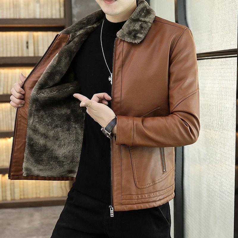 Leather Jacket Men's Winter Green Middle-aged Plus Velvet Thickening Men's Leather Jacket Jacket Fur One Parker Men's Clothing