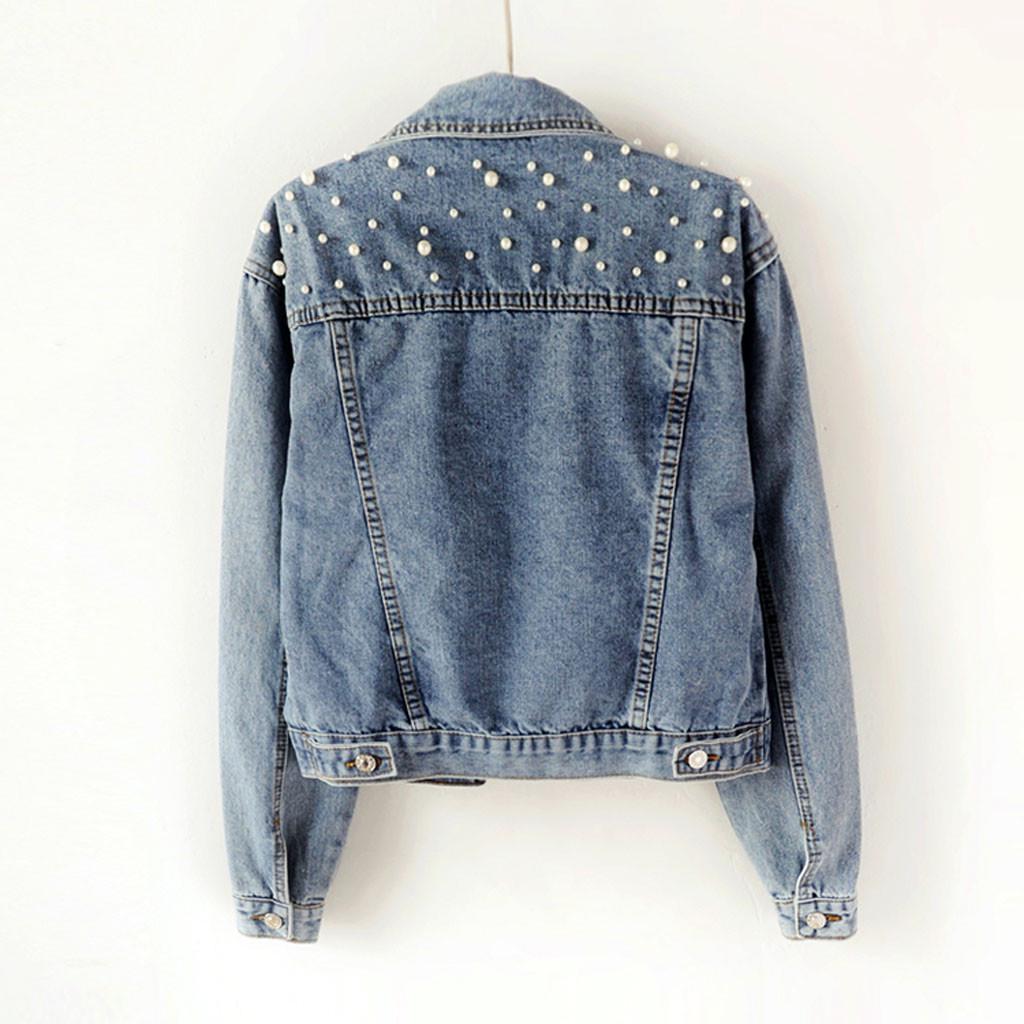 Women's Blue and Black Long-sleeved Denim Jacket Casual Short Coat Jacket