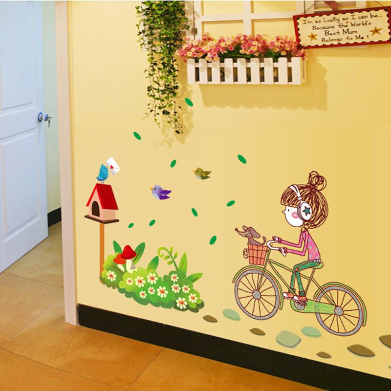 Cartoon girl room decoration wall sticker bicycle girl wall sticker