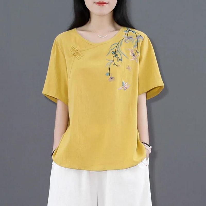 Women's Summer Embroidered Short Sleeve T-Shirt Loose All-match Round Neck Top