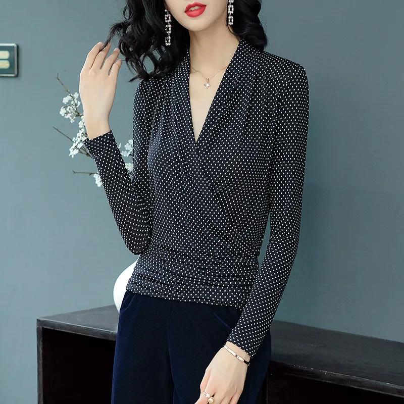 Women's Spring Autumn Style Blouse Shirt Women's Elegant Slim Temperament V-Neck Polka Dot Elegant Korean Tops Pullover