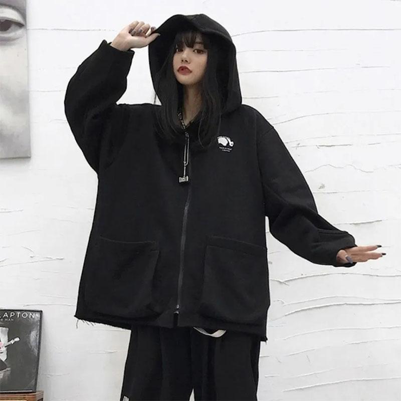Spring and Summer Dark Style Hoodie Women Loose Thin Zipper Cardigan Sweater Student Panda Coat Ladies Casual Slim Print Coat