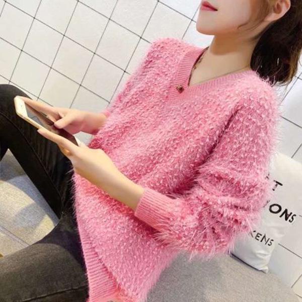 Korean Version of The Autumn and Winter Style Furry Bright Silk Sweater Women Loose Lazy Student Short V-neck Sweater All-match
