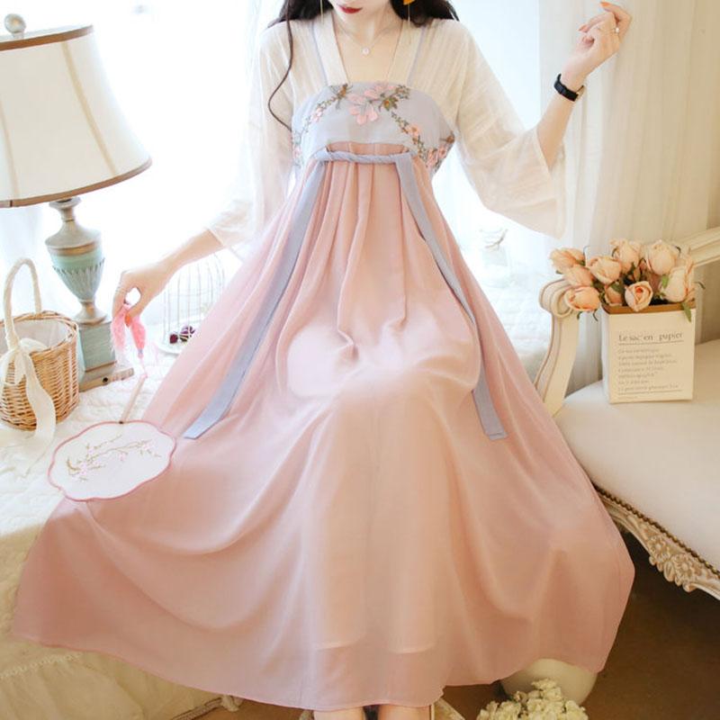 Chinese Improved Han Dynasty Clothing Dress Summer Female Student Embroidered Antique Ancient Costume Fairy High Waist Mid-sleeve Chiffon Long Skirt