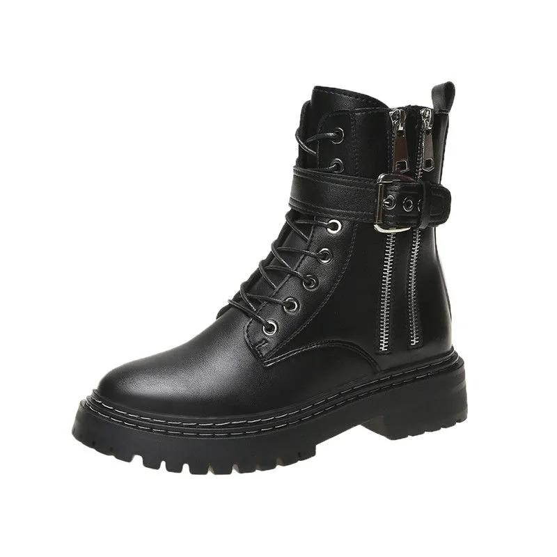 Woman Short Boots Autumn and Winter All-match Thick-soled British Style Martin Boots Single Boots Leather Boots