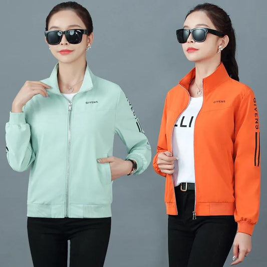 Women's Short Jacket Coat Spring and Autumn Ladies Stand Collar Printed Top Casual Jacket Zipper Sweatshirt