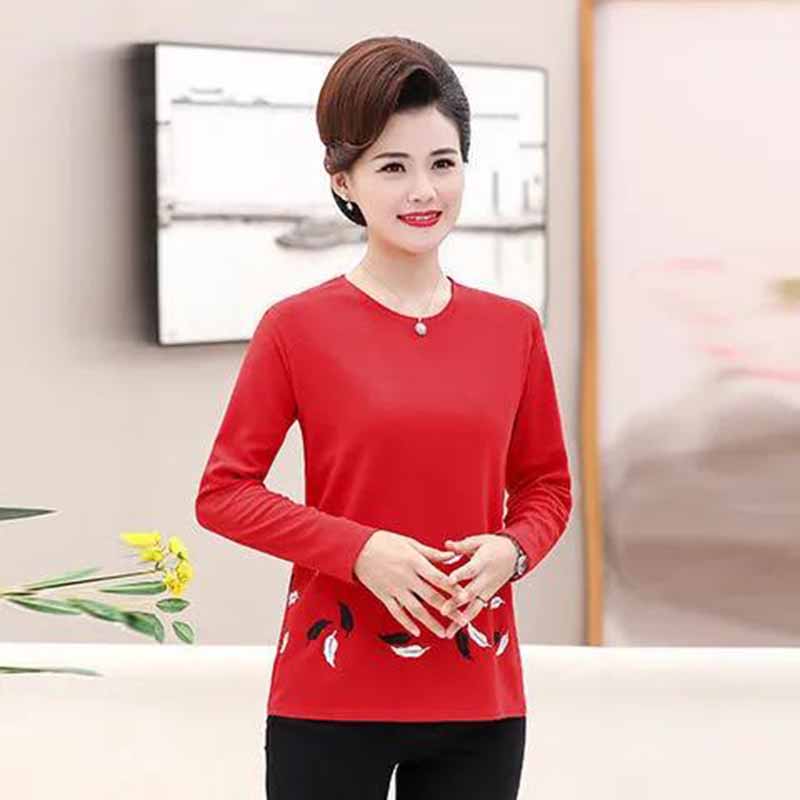 Mother Wear Round Neck Long-sleeved T-shirt Loose Print Shirt New Base Warm Small Shirt Thin Spring and Autumn Clothes