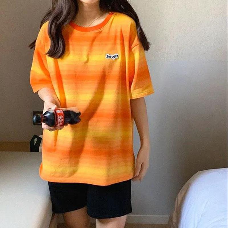 Women's Summer Loose Round Neck Striped Short Sleeve T-shirt
