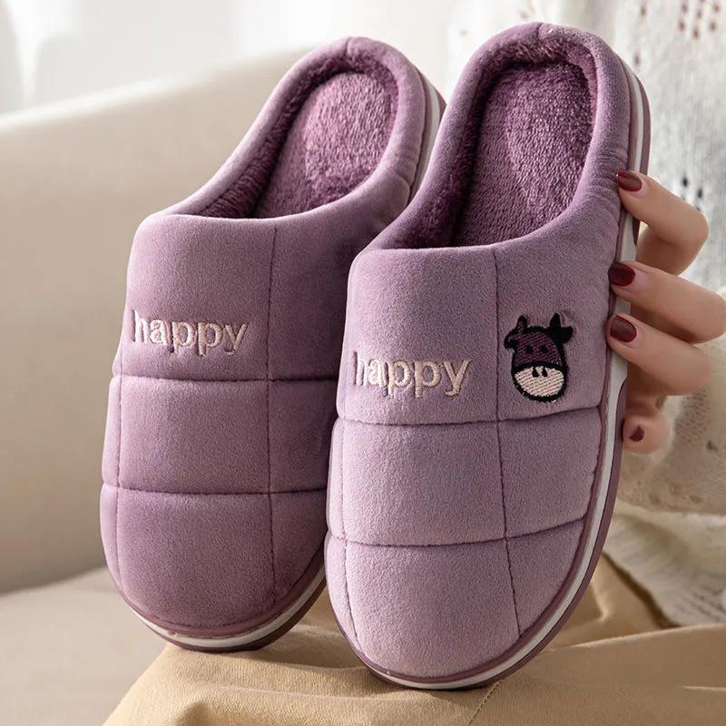 Winter Slippers Women Plaid Embroidery Non Slip Warm Men Slides Thick Fleece Warm Slippers Plus Size Shoes