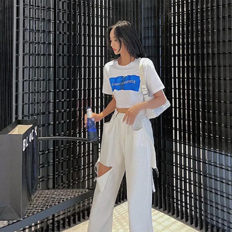 Cotton Summer Thin Section Cotton Solid Color Short-sleeved T-shirt Women's Korean Version Loose Short High-waisted Top Trendy