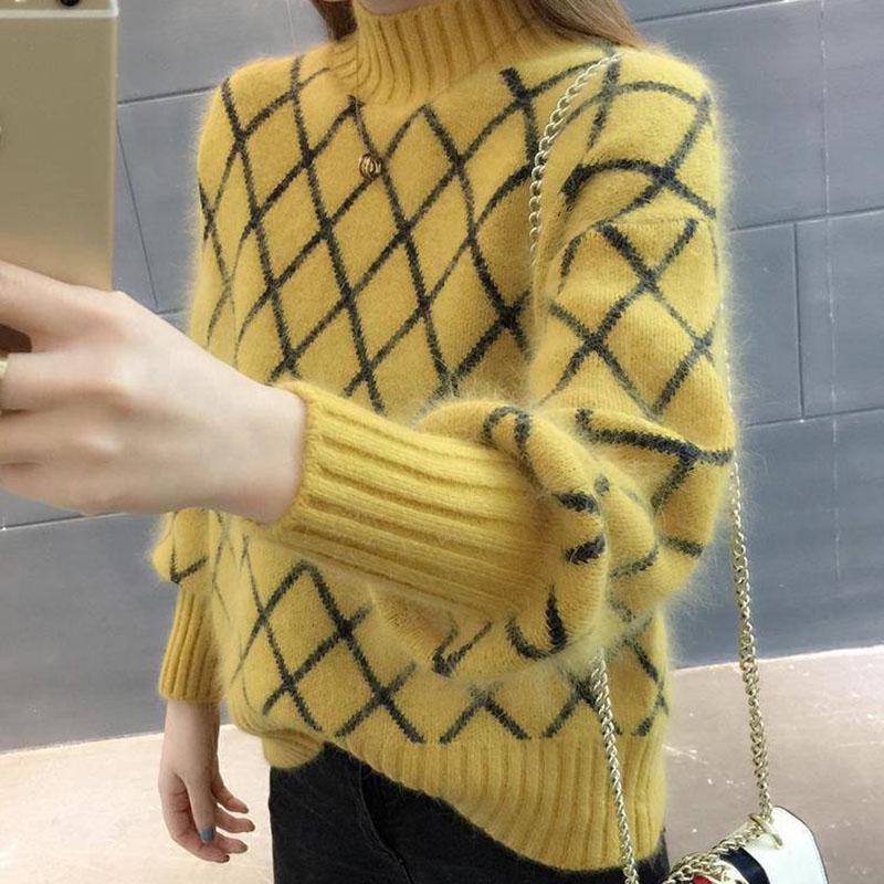 Autumn and Winter Knitted Jacket Diamond Pattern Simple Top Loose Half High Neck Women Sweater