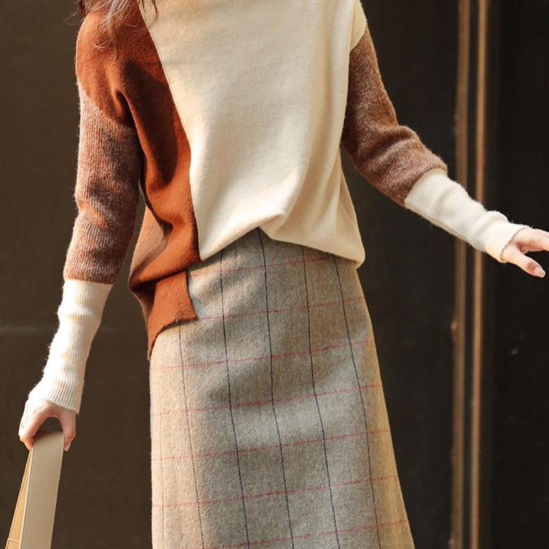 Turtleneck Color-blocking Split Sweater Women Autumn  Winter Women's Clothing Loose-fitting All-match Bottoming Sweater