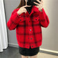 Autumn and Winter Popular Short Coat Long Sleeve Lapel Loose Sweater Plaid Knitted Coat All-match