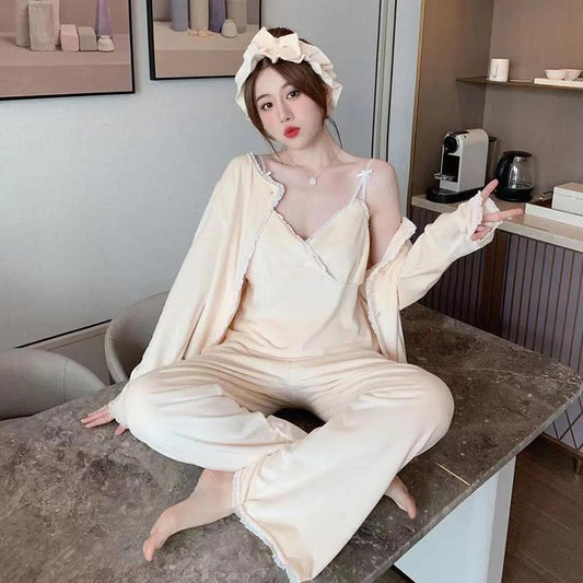 Three-pieces Women's Winter Pajamas Set Thin Velvet Island Velvet Sexy Suspenders Long-sleeved Trousers Pyjamas Sweet Solid Color Comfortable Homewear