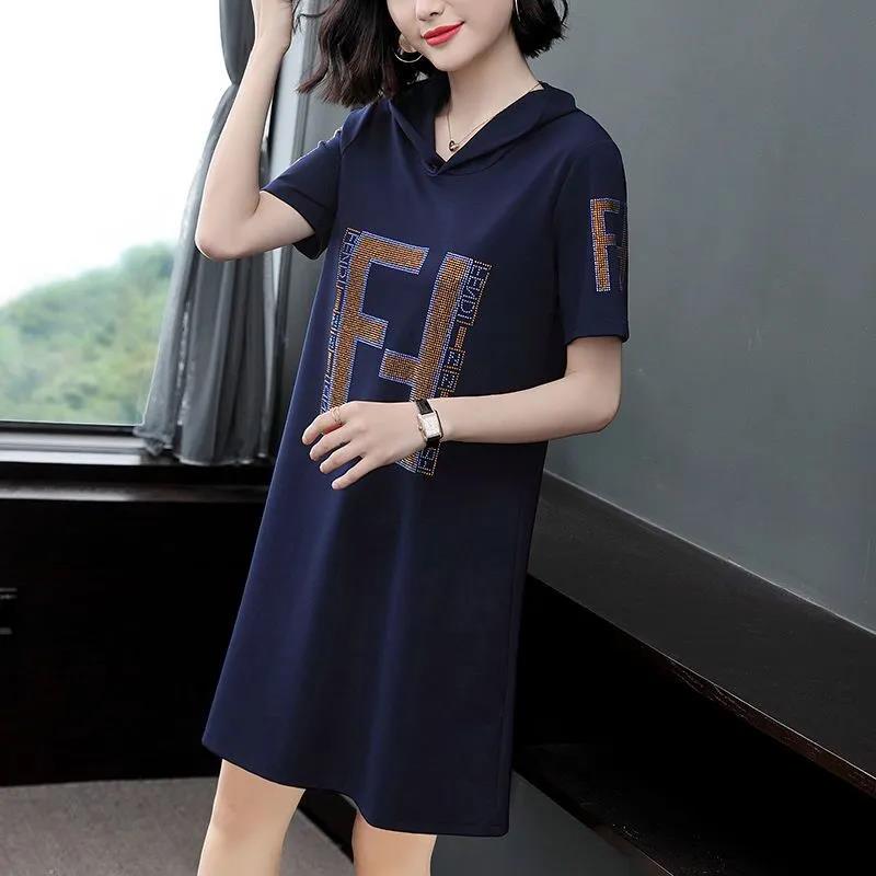 Hooded Casual Dress Mid Length Ladies Loose Large Size Short Sleeve T-Shirt Skirt