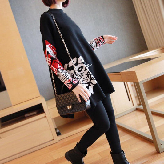Vintage Printed Knitted Sweater Women Loose Bottoming Sweater Autumn and Winter Asymmetric Pullover Sweater