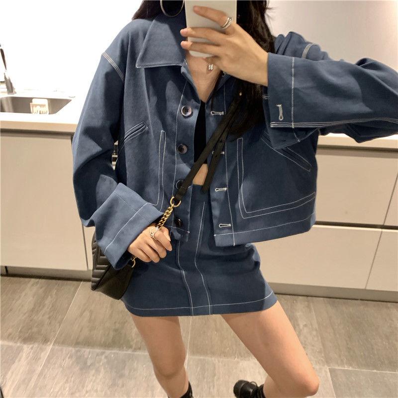 Two-piece Women's Long-sleeved Top A-line Skirt Casual Vacation Office Home