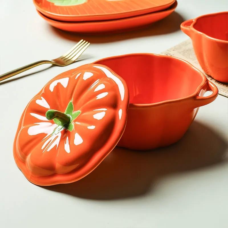 Japanese-style Cute Pumpkin Steamed Bowl Home with Cover Stewed Ceramic Double Ear Soup Bowl of Children's Creative Food Bowl