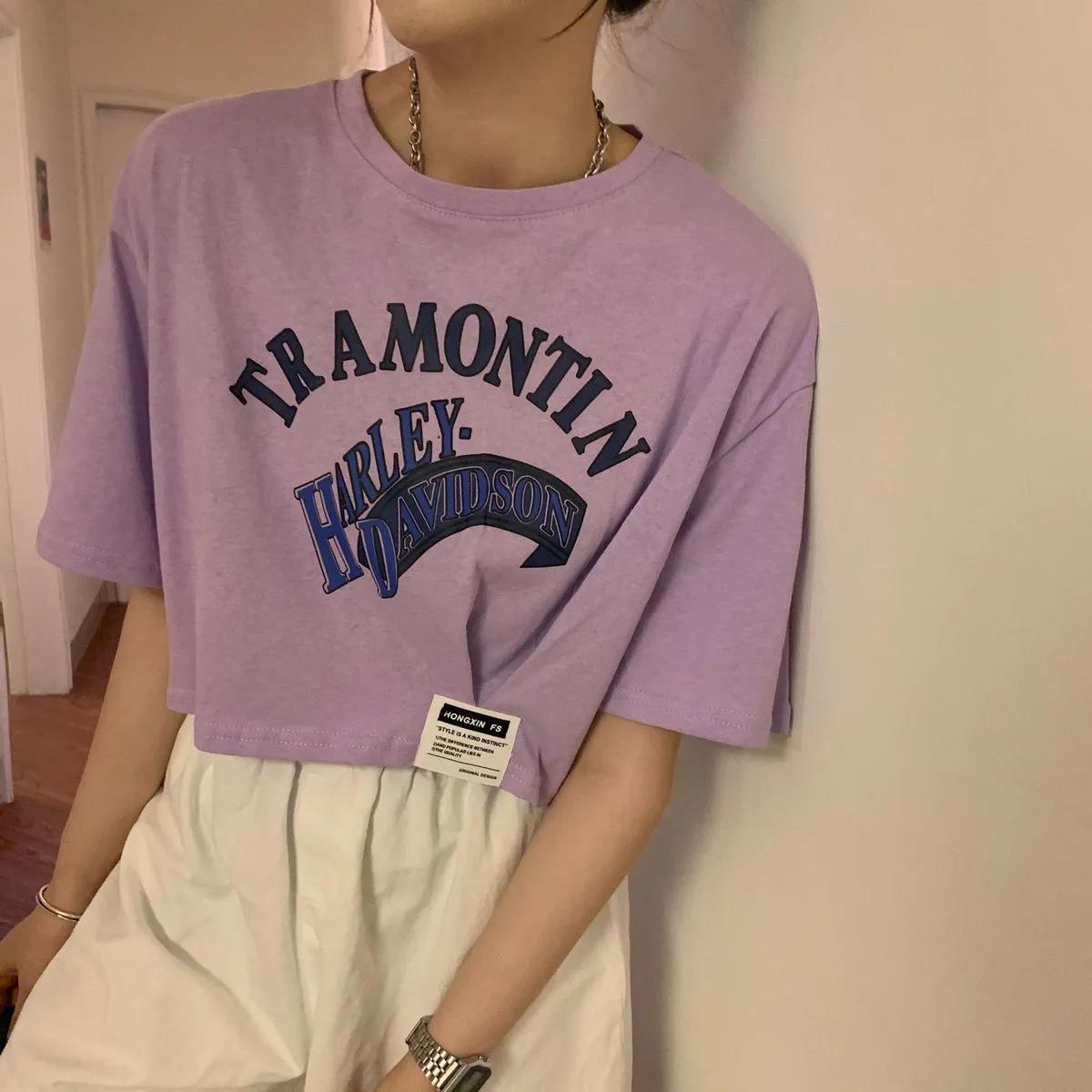 Women's Fashion Round Neck Digital Printing Half Sleeve Asymmetry Short T-shirt