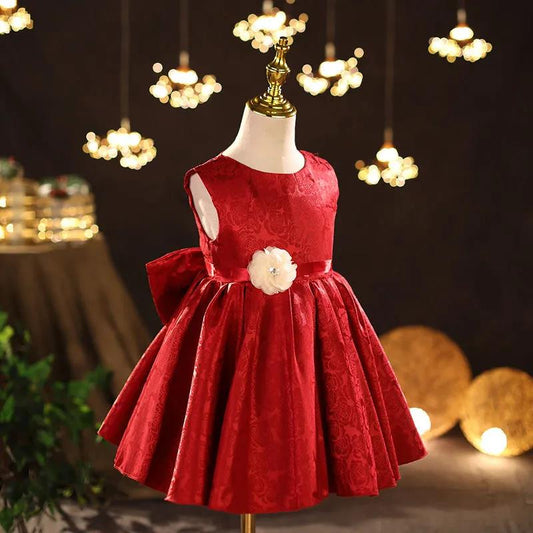 Red Children's Evening Dress Wedding Flower Girl Dress Princess Skirt Girl Baby Sweet Temperament Tutu Skirt Round Neck Sleeveless Waist