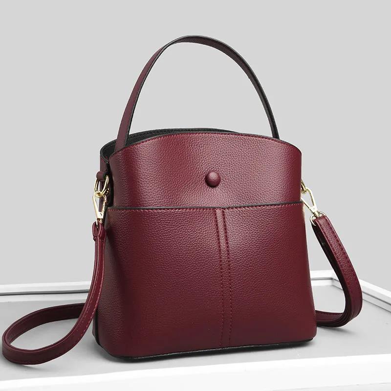 Real Cowhide Women Bucket Bag Casual Female Handbag Portable Multi-Layer Large Capacity Soft Surface 5 Colors