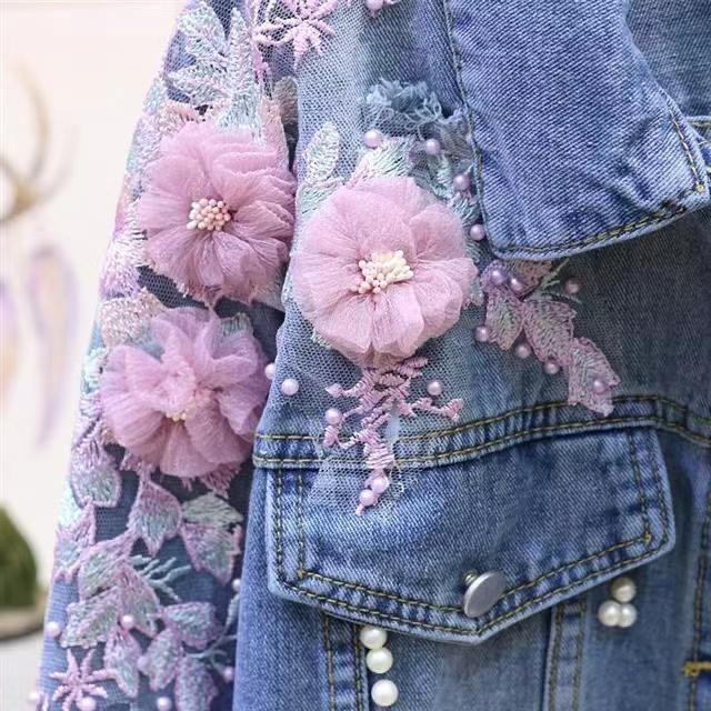3D Embroidered Jean Jacket Three-dimensional Flower Pearl Hole Denim Jacket Women's Loose Short Jacket Top Vintage Denim Cardigan