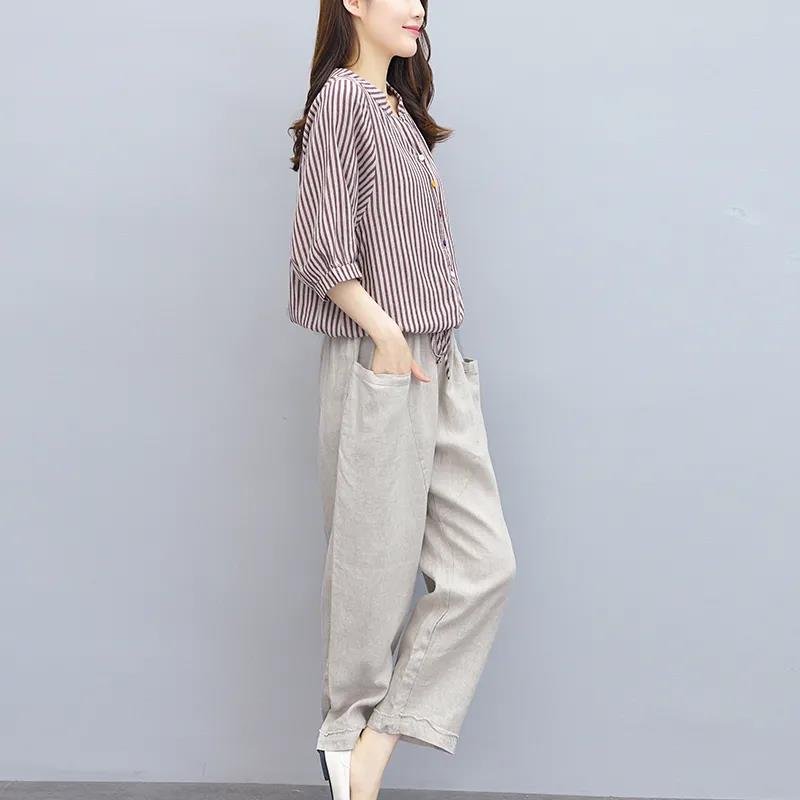 Cotton and Linen Suit Women's Striped Top Trousers Casual Two-piece Suit Pants Striped Shirt Elastic Waist Casual Pants Ladies Loose Casual Suit