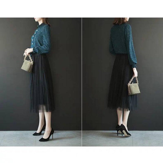 Dark Green Thick Shirt Wild Lace Bottoming Shirt Women's Inner Mesh Collar Blue Crochet Lace Shirts