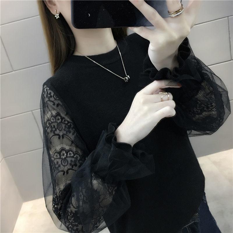 Stitching Lace Knitted Sweater Women Spring and Autumn Loose Lantern Sleeve Bottoming Shirt