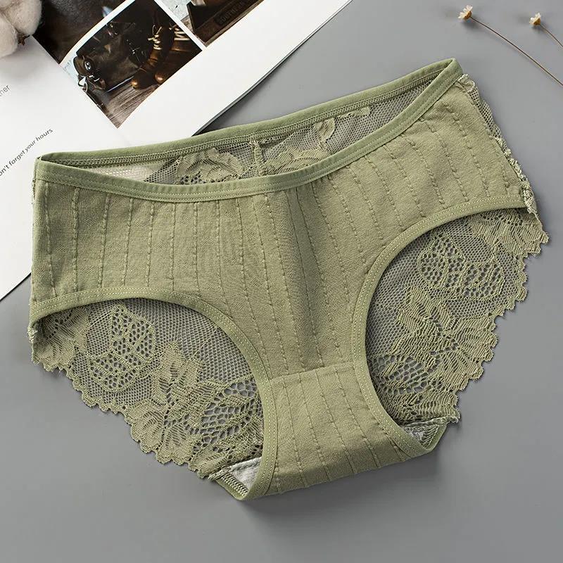 4 Pairs of Women's Cotton Korean Underwear Antibacterial Seamless Breathable Sexy Underwear Lace Mid-waist Ladies Panties