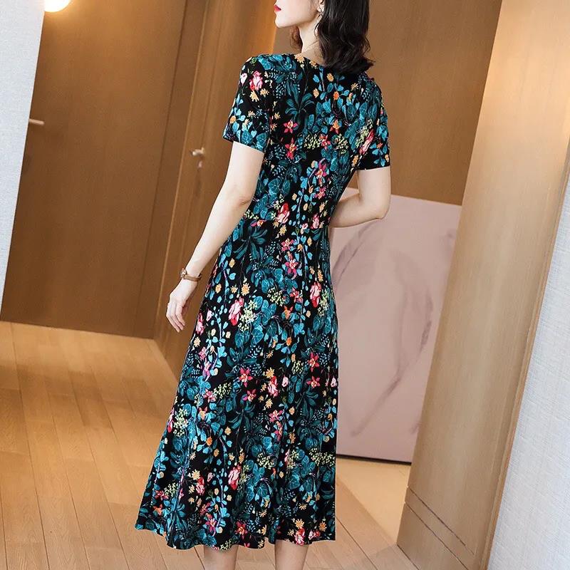 Women's Plus Size Loose Long Printed Dress Slim Round Neck A-line Skirt