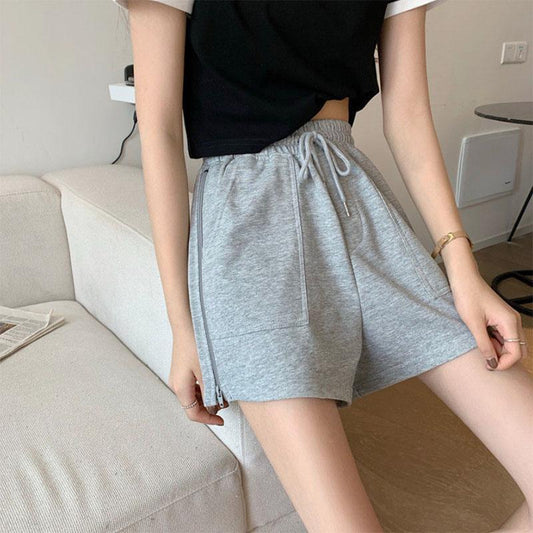 Cotton Summer High Waist Large Size Loose Zipper Wide Leg Casual Sports Solid Color Sports Shorts