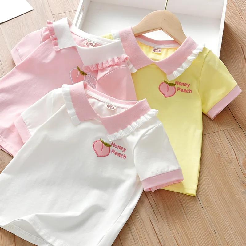 Summer Girls T-Shirts Peach Embroidery Lapel Tops Little Girls Casual T-Shirts