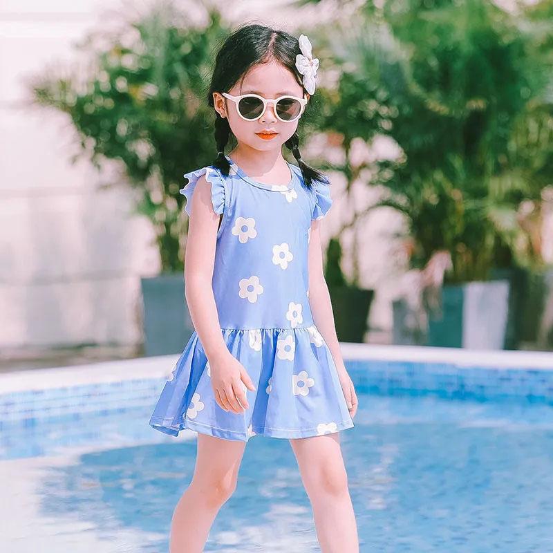Baby Girls Swimwear Backless Cute Flower Printed One-Piece Swimsuit Summer Kids Lotus Leaf Sleeve Pleated Skirt Beachsuit