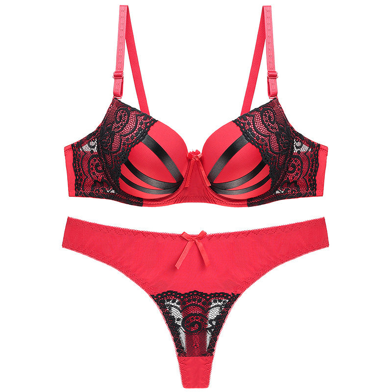 Bra Set Women Sexy Push Up Underwire Backless Lingerie Set Lace Sex Thin Gather Hollow Solid Color Bra Thong Suit Plus Size
