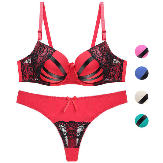 Bra Set Women Sexy Push Up Underwire Backless Lingerie Set Lace Sex Thin Gather Hollow Solid Color Bra Thong Suit Plus Size