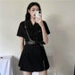 Cool Girl Black Belt Dress Women's Summer Dress Short Sleeve Turn-down Collar Knee-length Daily Wear Office Dating Party
