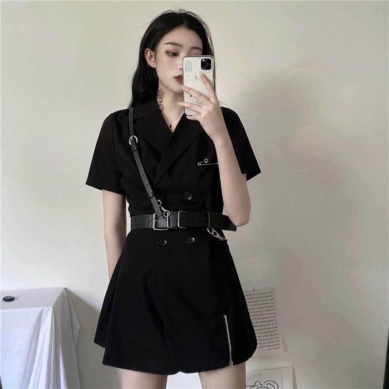 Cool Girl Black Belt Dress Women's Summer Dress Short Sleeve Turn-down Collar Knee-length Daily Wear Office Dating Party
