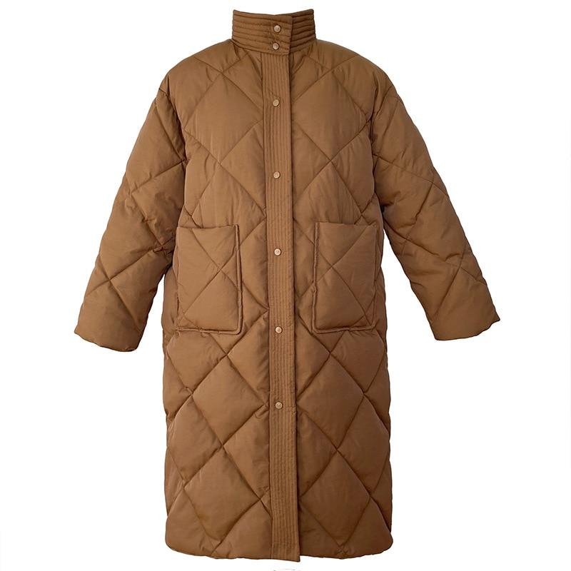 Winter New Korean Style Long Cotton-padded Coat Women's Casual Stand-up Collar Argyle Pattern Oversized Parka Chic Jacket